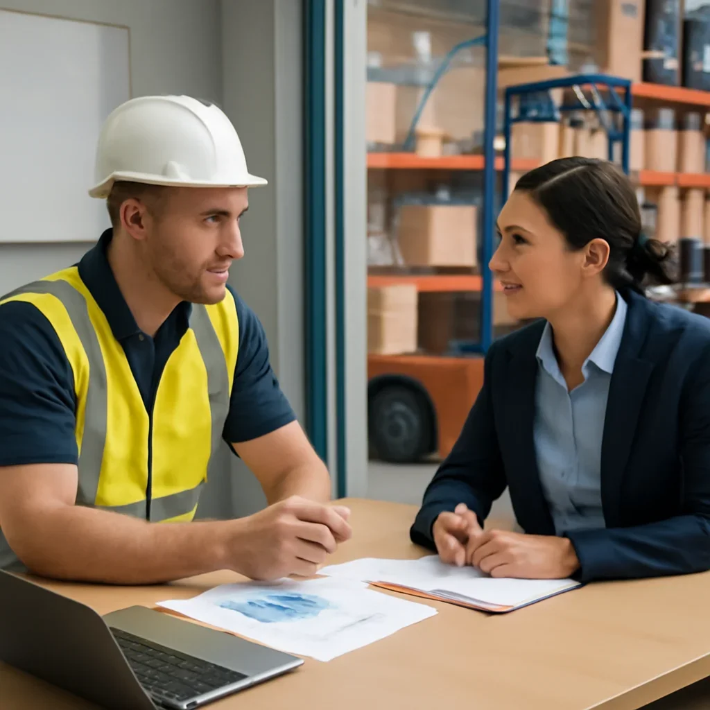 Trainer and supervisor discussing how content supports a safer workplace.