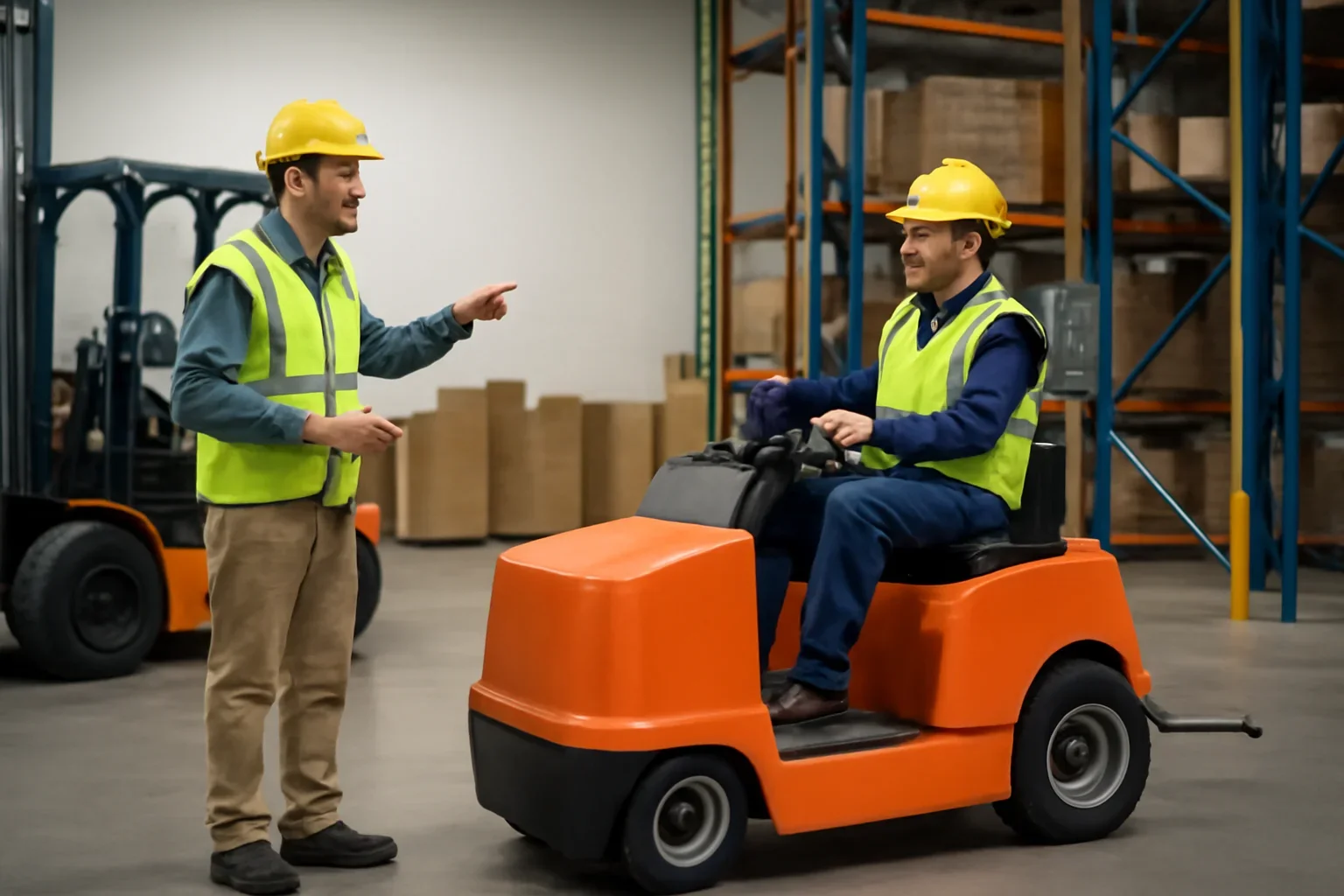 Class VI Tow Tractor Training shown through a realistic forklift training and workplace safety scene.