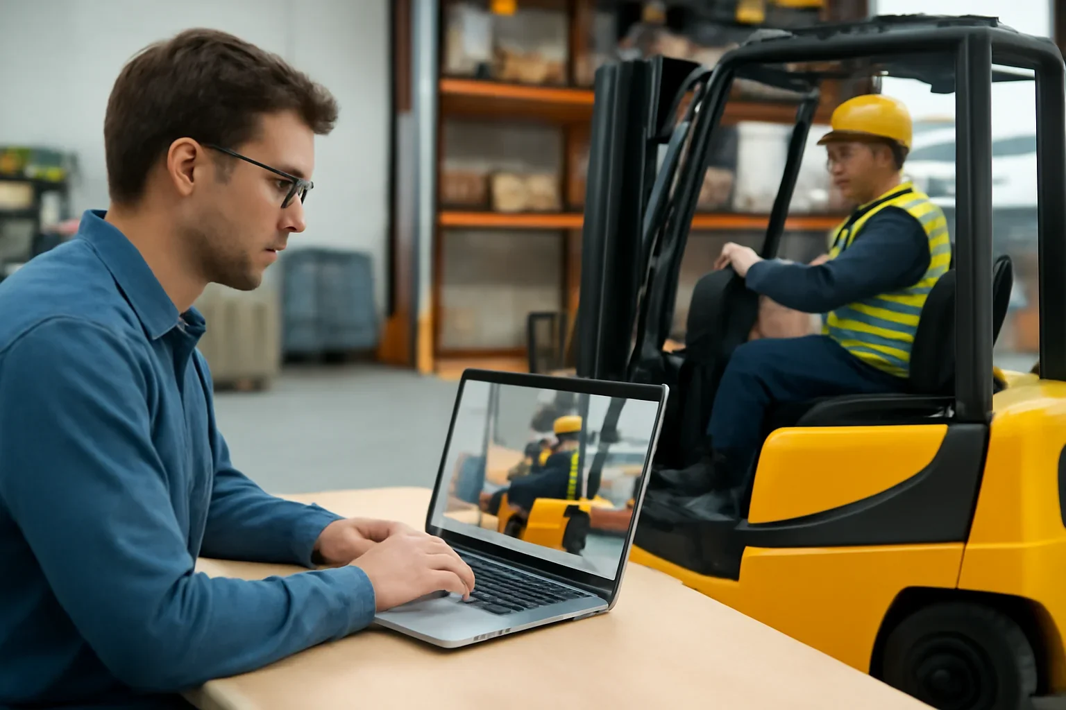 Online vs In-Person Certification shown through a realistic forklift training and workplace safety scene.