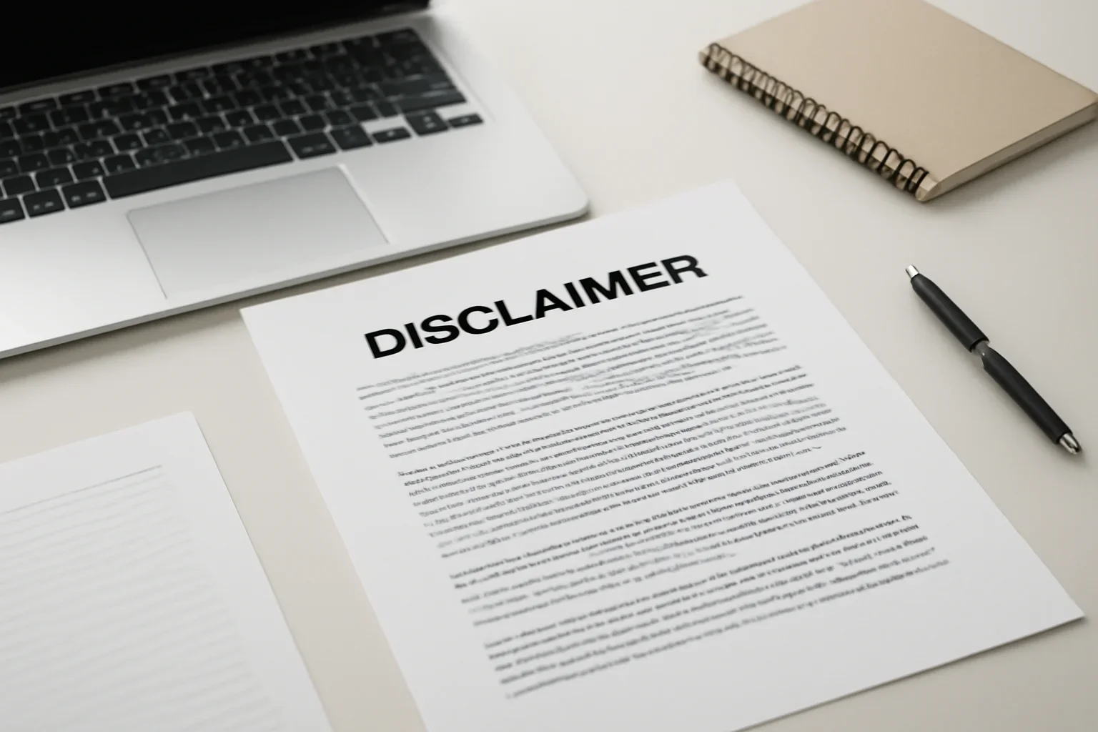 Disclaimer policy materials displayed on a clean desk with a laptop and notes.