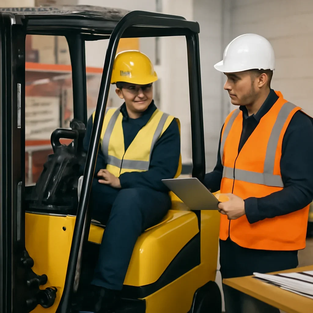 Supporting visual for employer forklift training with equipment, records, or supervisor review.