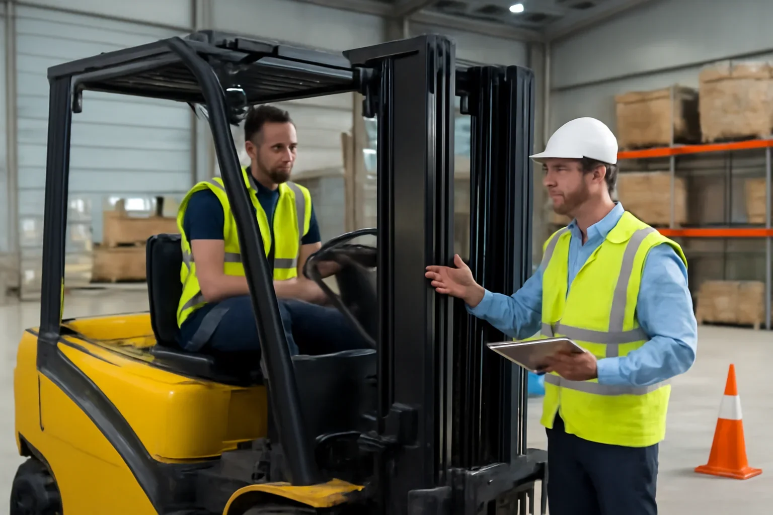 Hands-On Evaluation shown through a realistic forklift training and workplace safety scene.