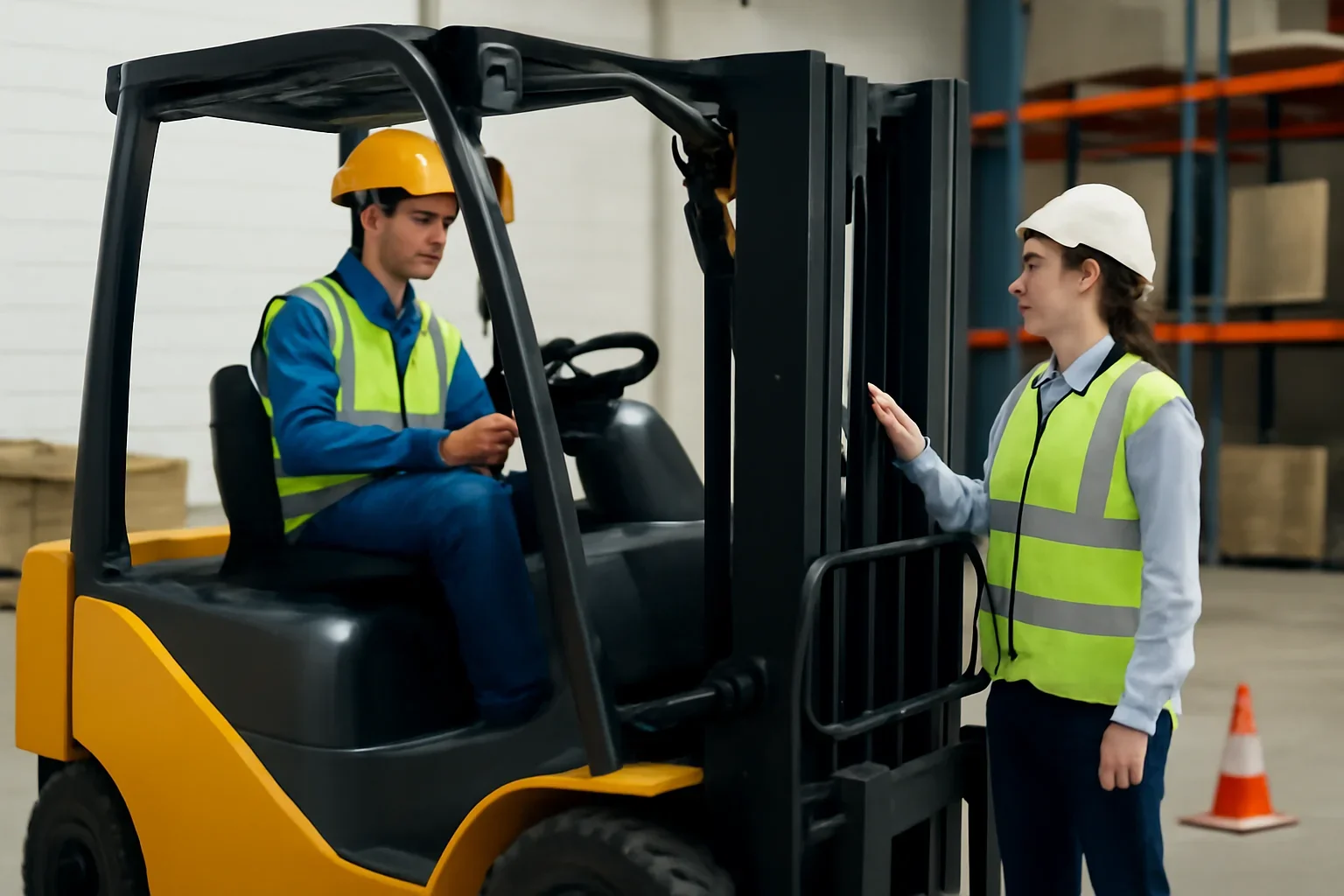 OSHA-Compliant Training shown through a realistic forklift training and workplace safety scene.