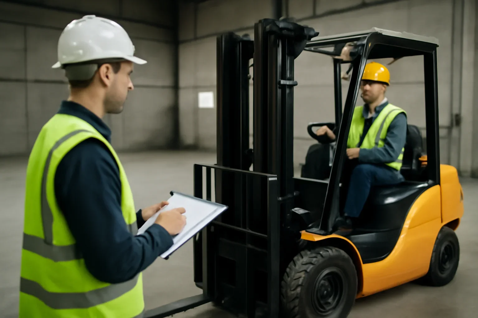 Forklift Certification shown through a realistic forklift training and workplace safety scene.