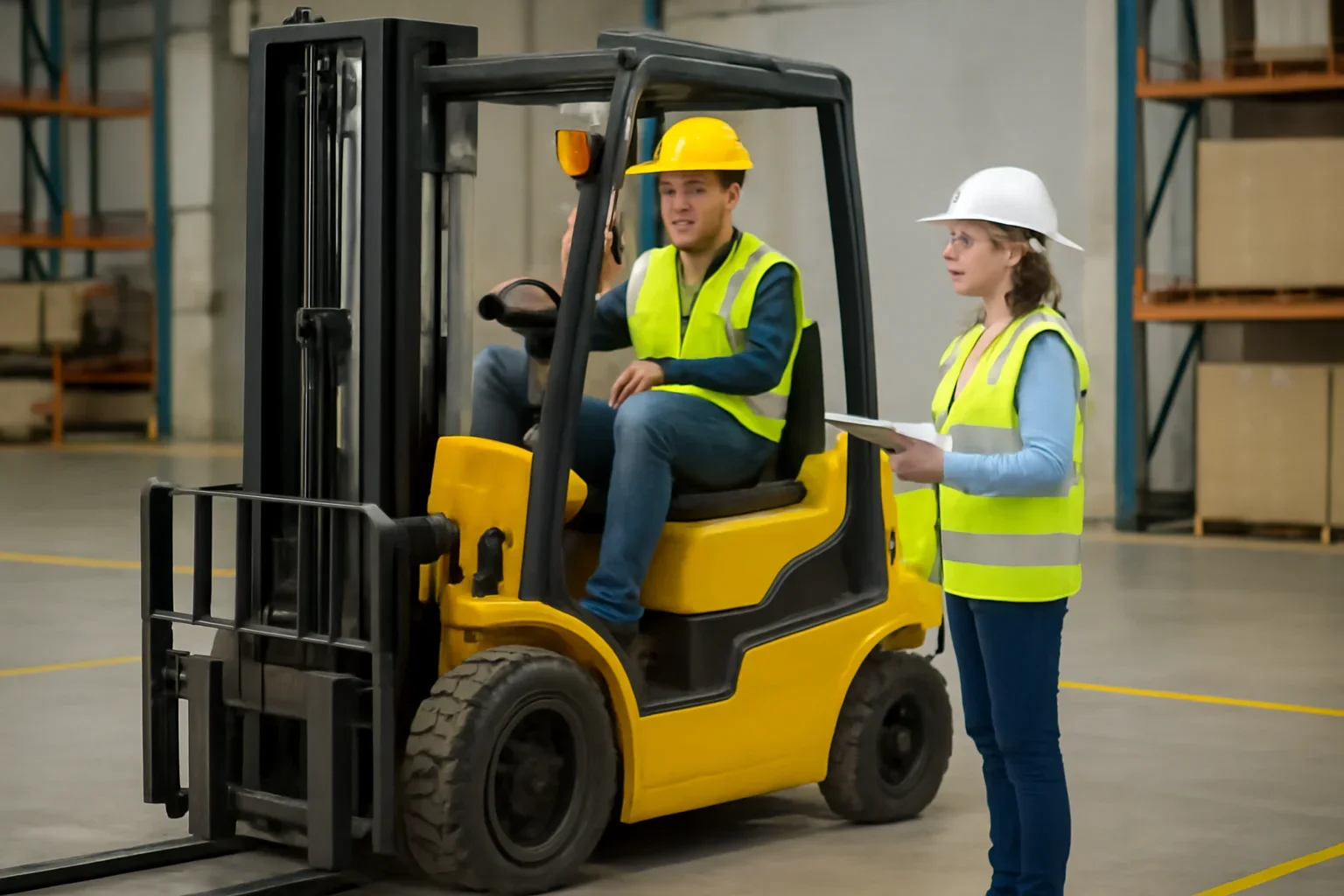 Forklift Certification Requirements shown through a realistic forklift training and workplace safety scene.