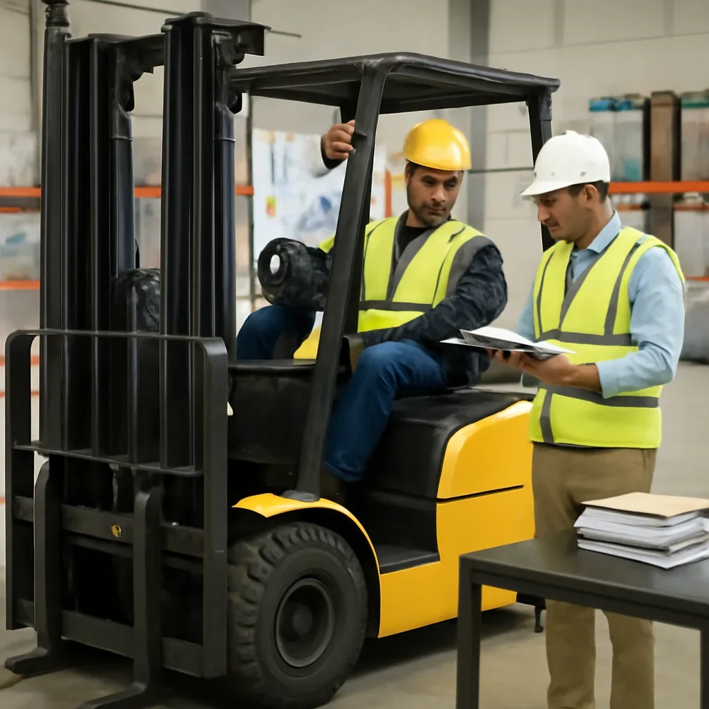 Supporting visual for forklift certification with equipment, records, or supervisor review.