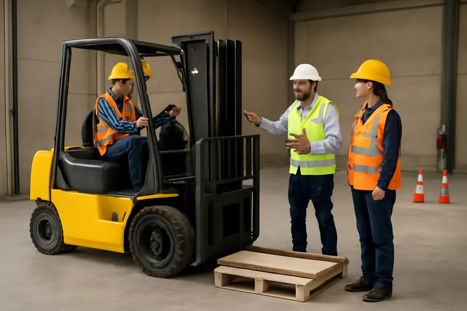 Forklift Classes shown through a realistic forklift training and workplace safety scene.