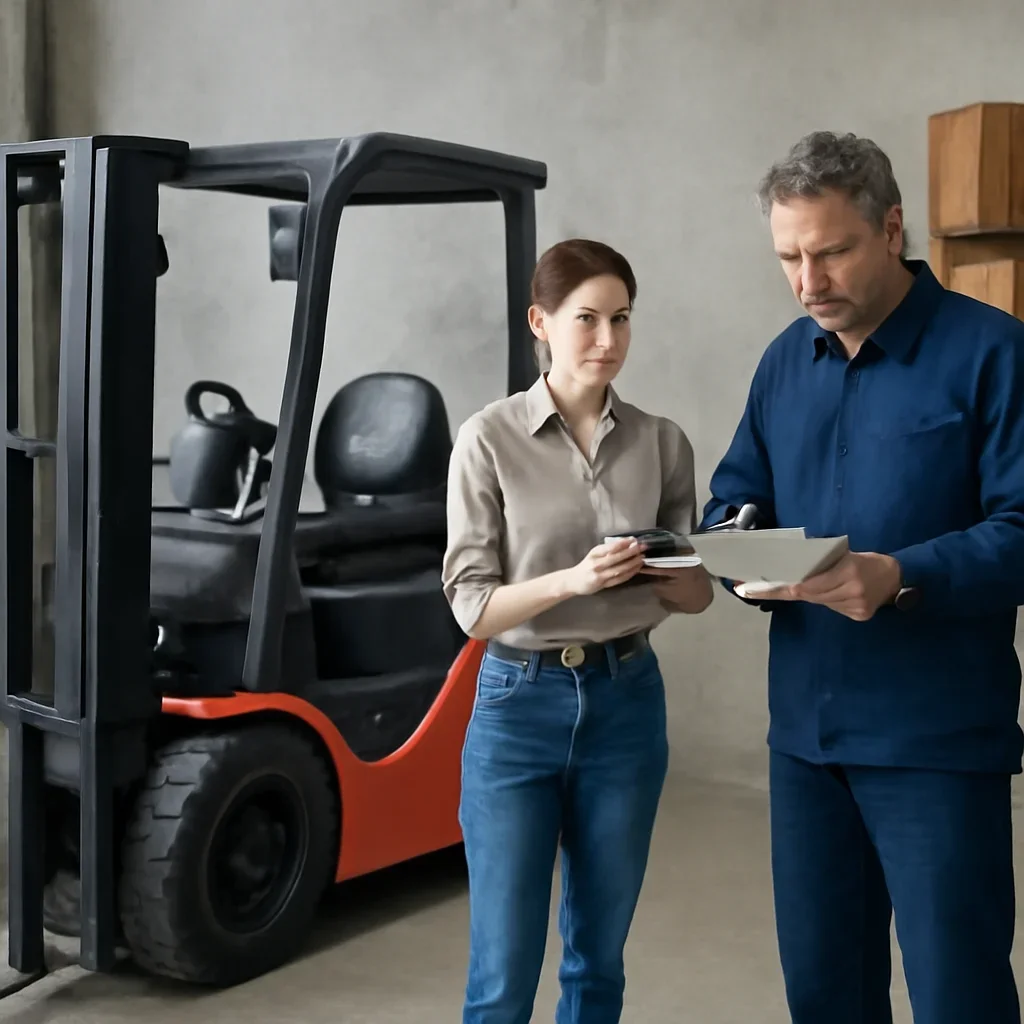 Supporting visual for forklift classes with equipment, records, or supervisor review.
