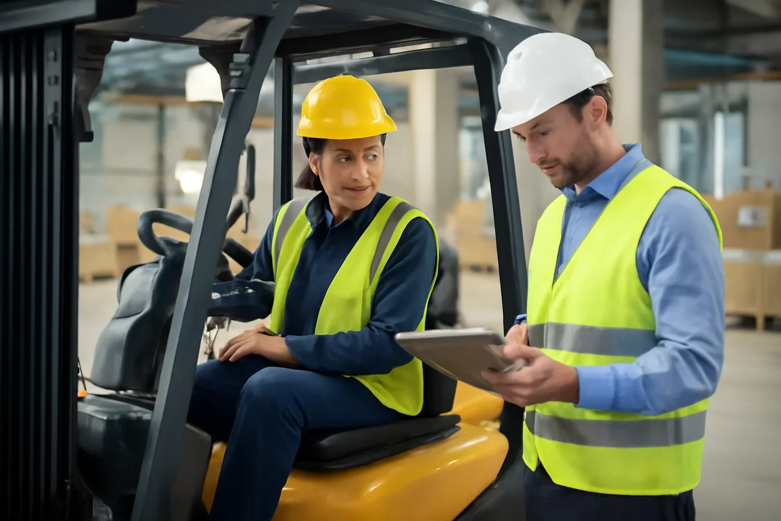 Forklift Inspection Checklist shown through a realistic forklift training and workplace safety scene.
