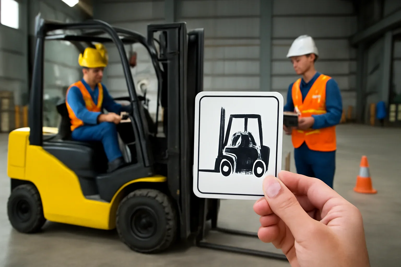 Forklift License shown through a realistic forklift training and workplace safety scene.