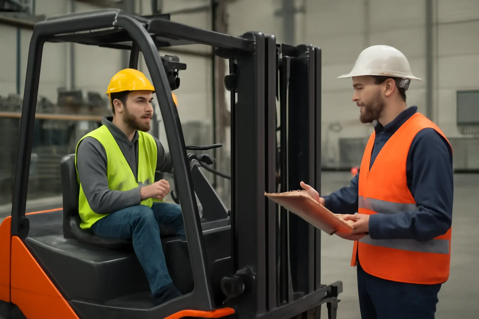 Forklift License vs Certification shown through a realistic forklift training and workplace safety scene.