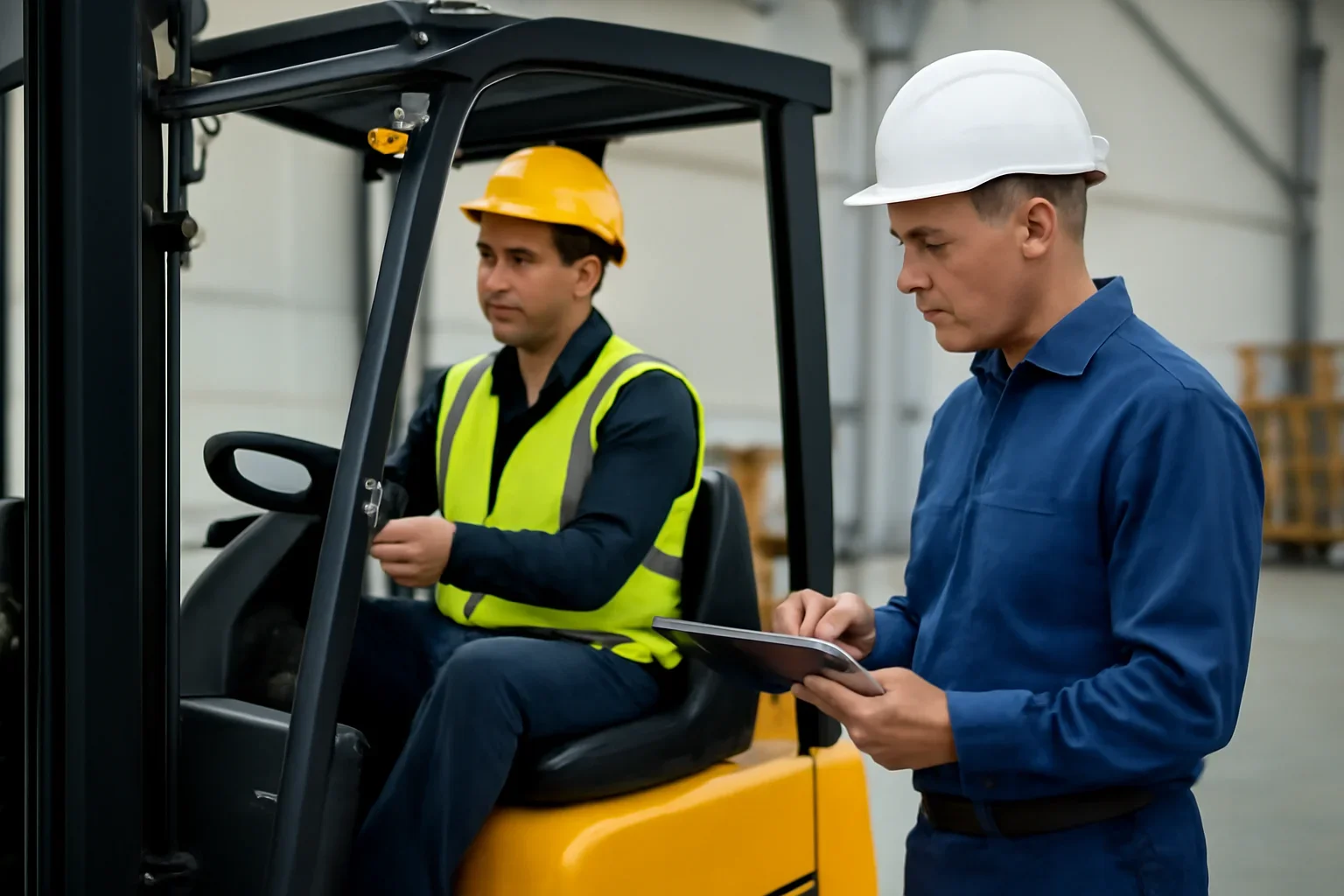 Employer Training Checklist shown through a realistic forklift training and workplace safety scene.