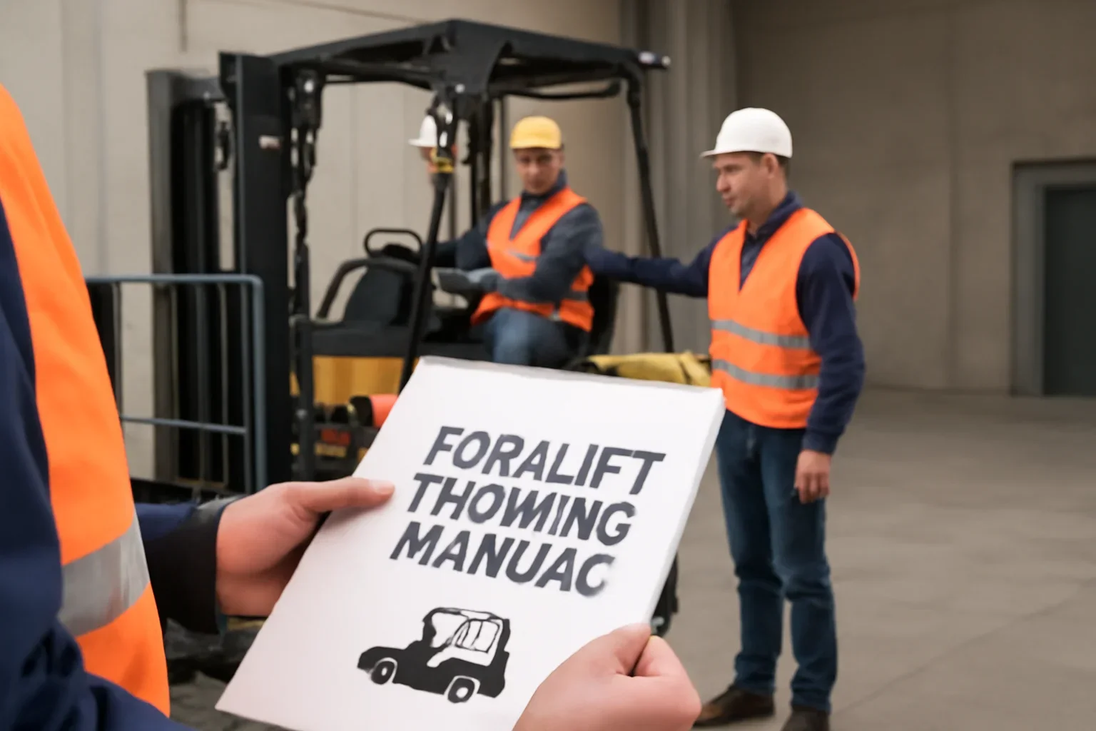 Forklift Training Manual shown through a realistic forklift training and workplace safety scene.