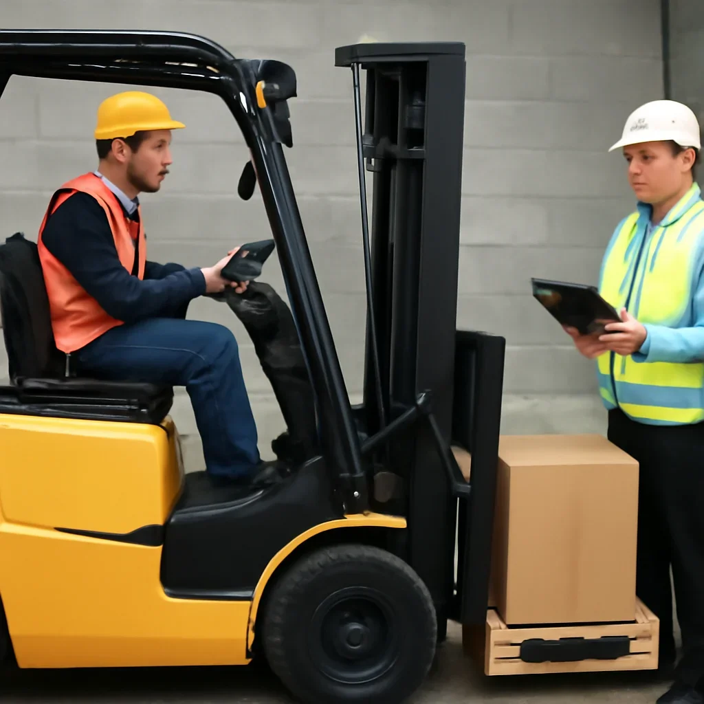 Supporting visual for forklift training videos with equipment, records, or supervisor review.