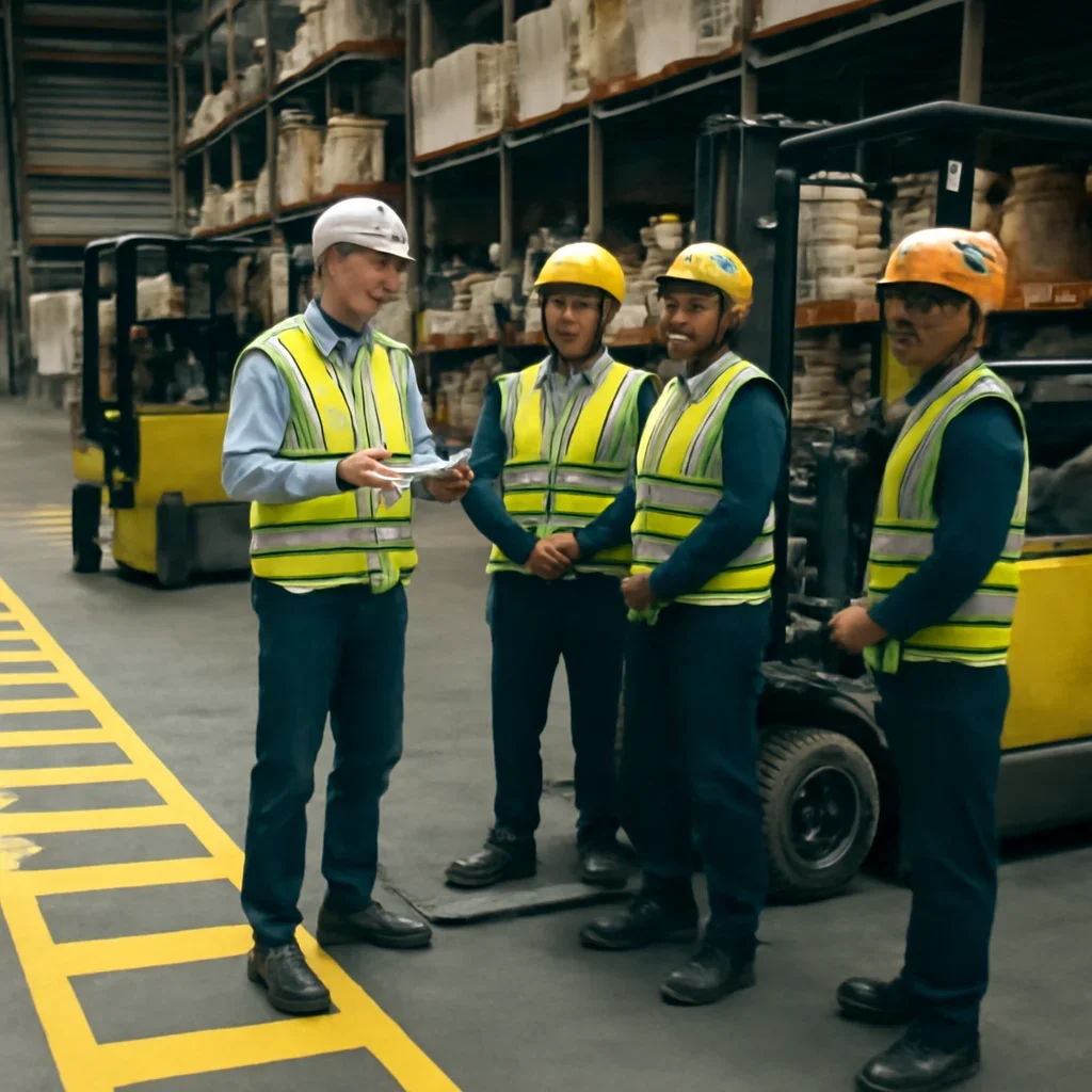 Safety manager speaking with forklift operators near marked pedestrian lanes.