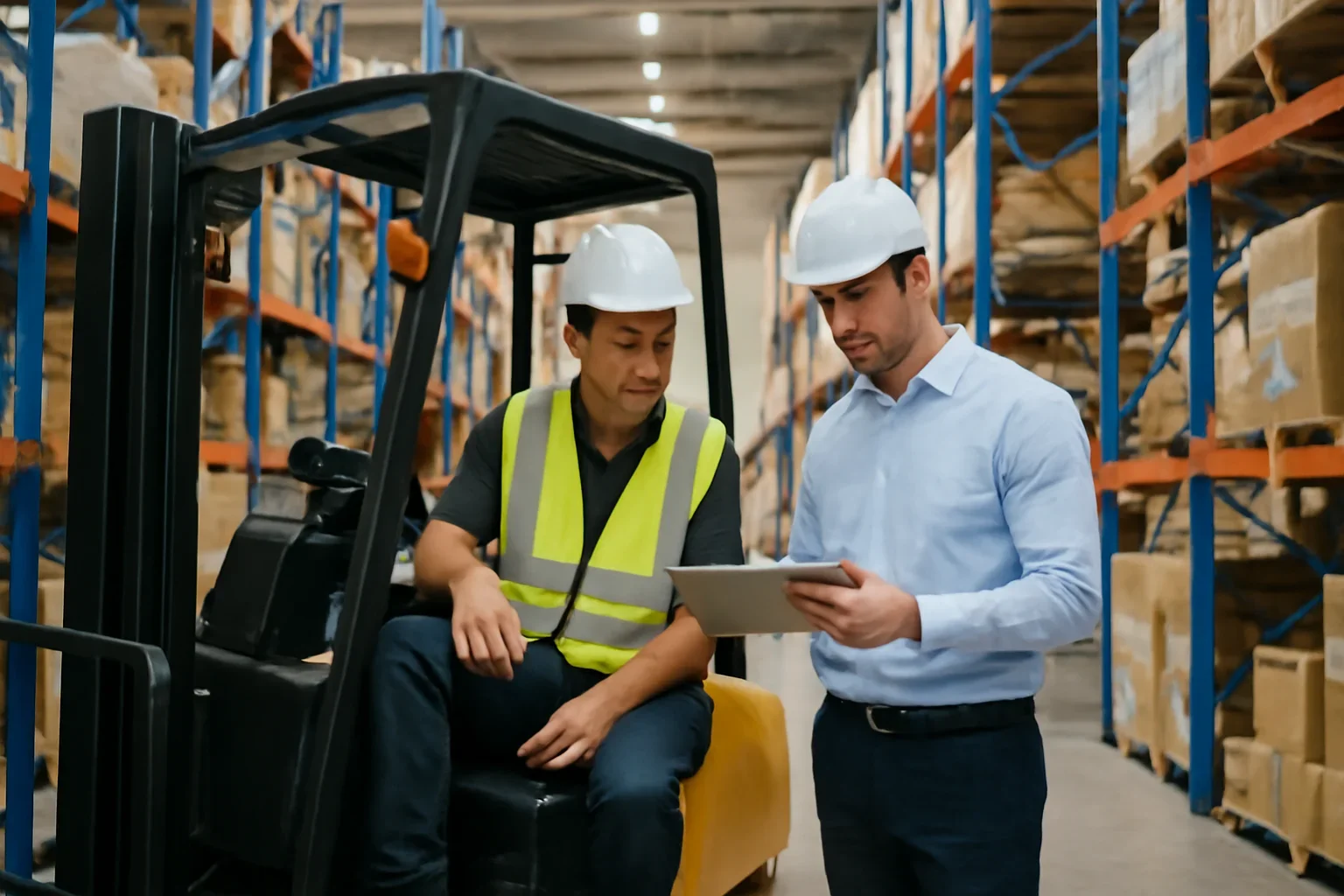 Forklift operator and supervisor reviewing training materials beside organized warehouse racking.