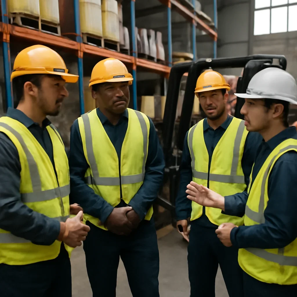 Warehouse team discussing safe travel routes and load handling before a shift.