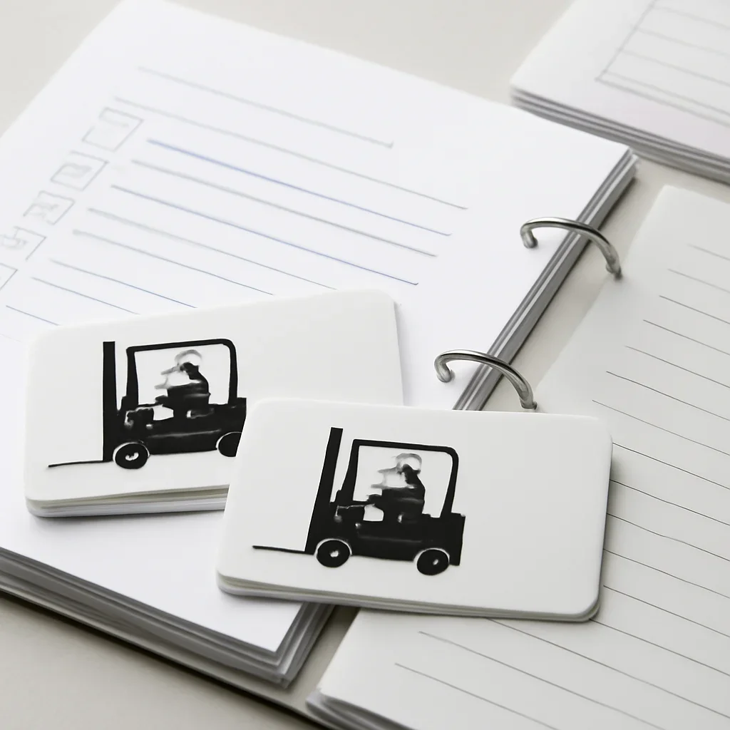 Close-up of organized forklift certification cards, notes, and operator documents.