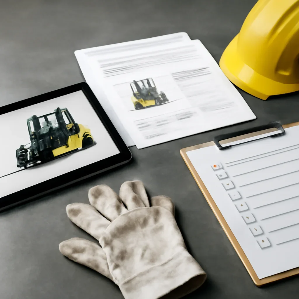 Tablet and printed training records laid out for a forklift safety program review.