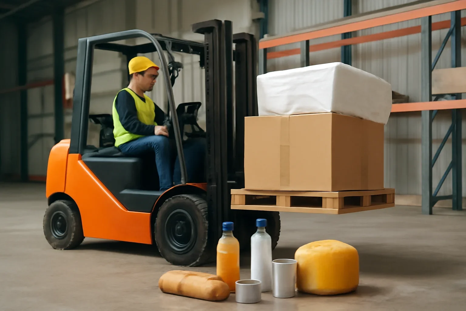 Food & Beverage shown through a realistic forklift training and workplace safety scene.
