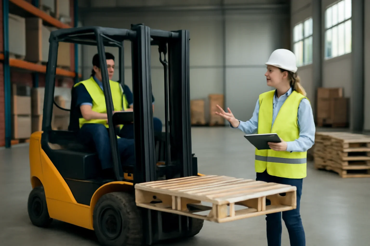 Industries shown through a realistic forklift training and workplace safety scene.
