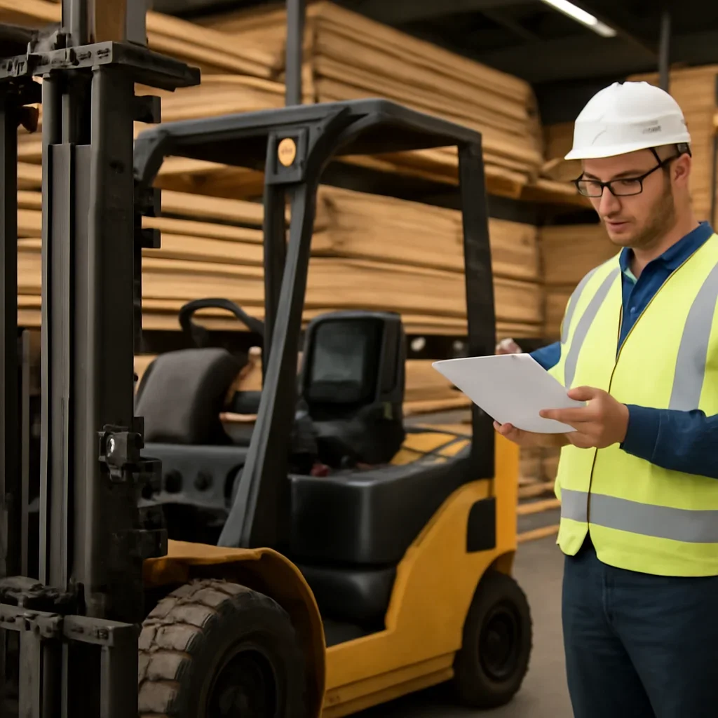 Supporting visual for lumber & building materials with equipment, records, or supervisor review.