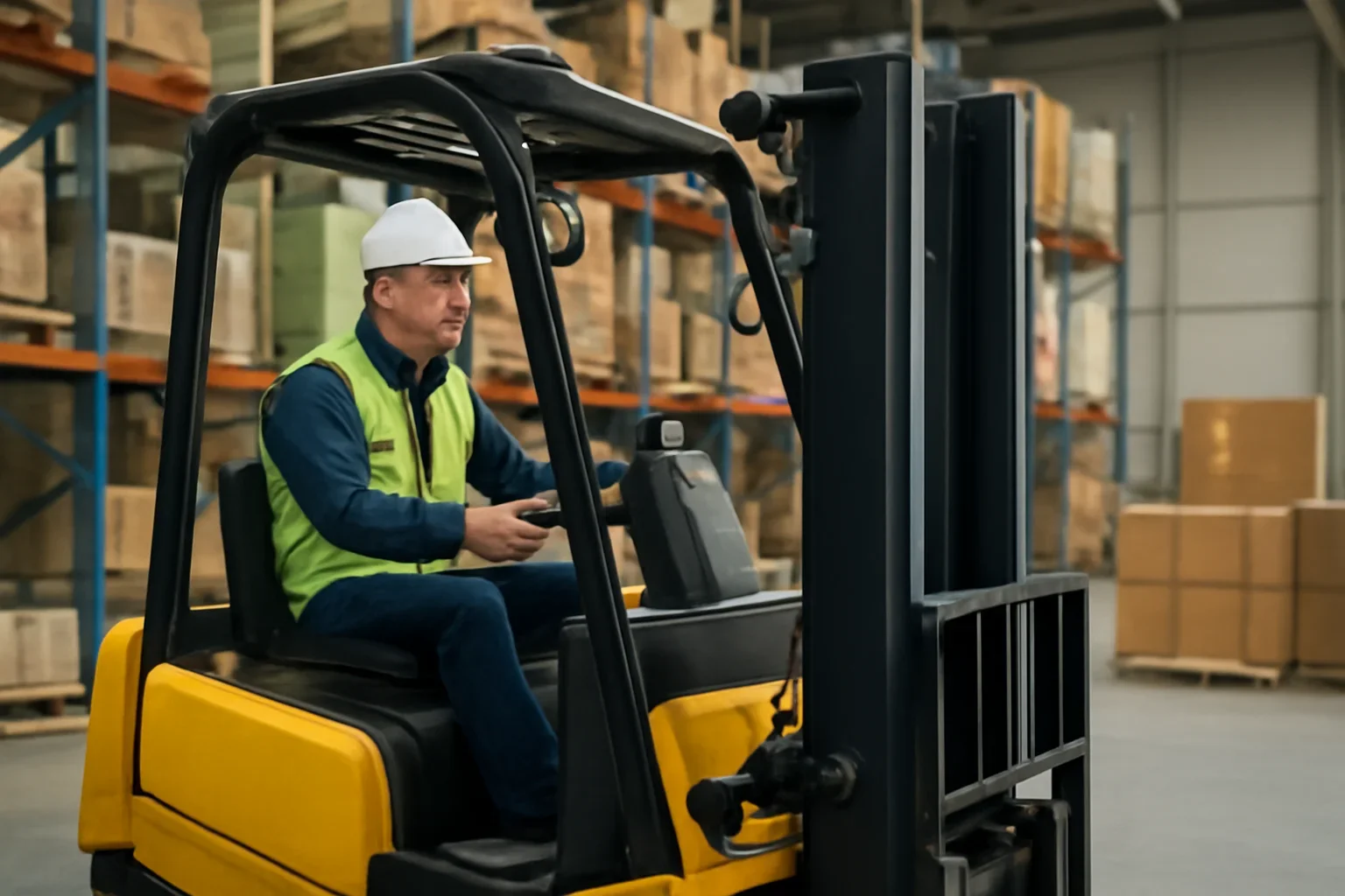 Retail & Distribution shown through a realistic forklift training and workplace safety scene.