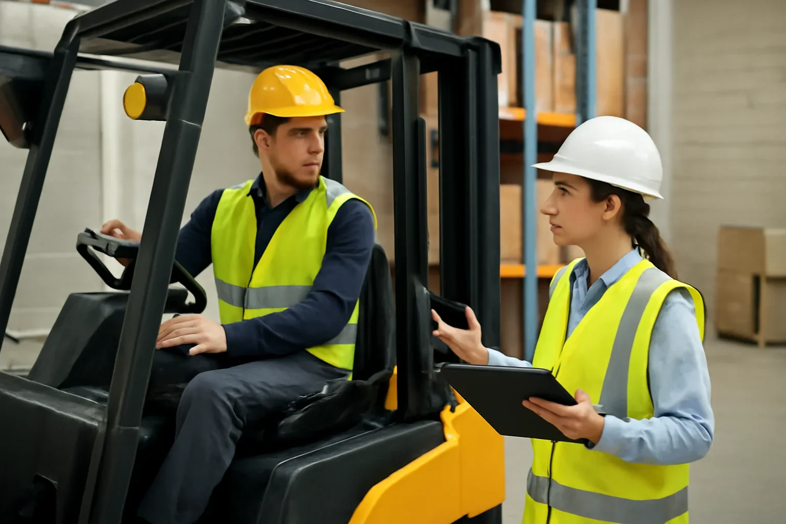 HRIS shown through a realistic forklift training and workplace safety scene.
