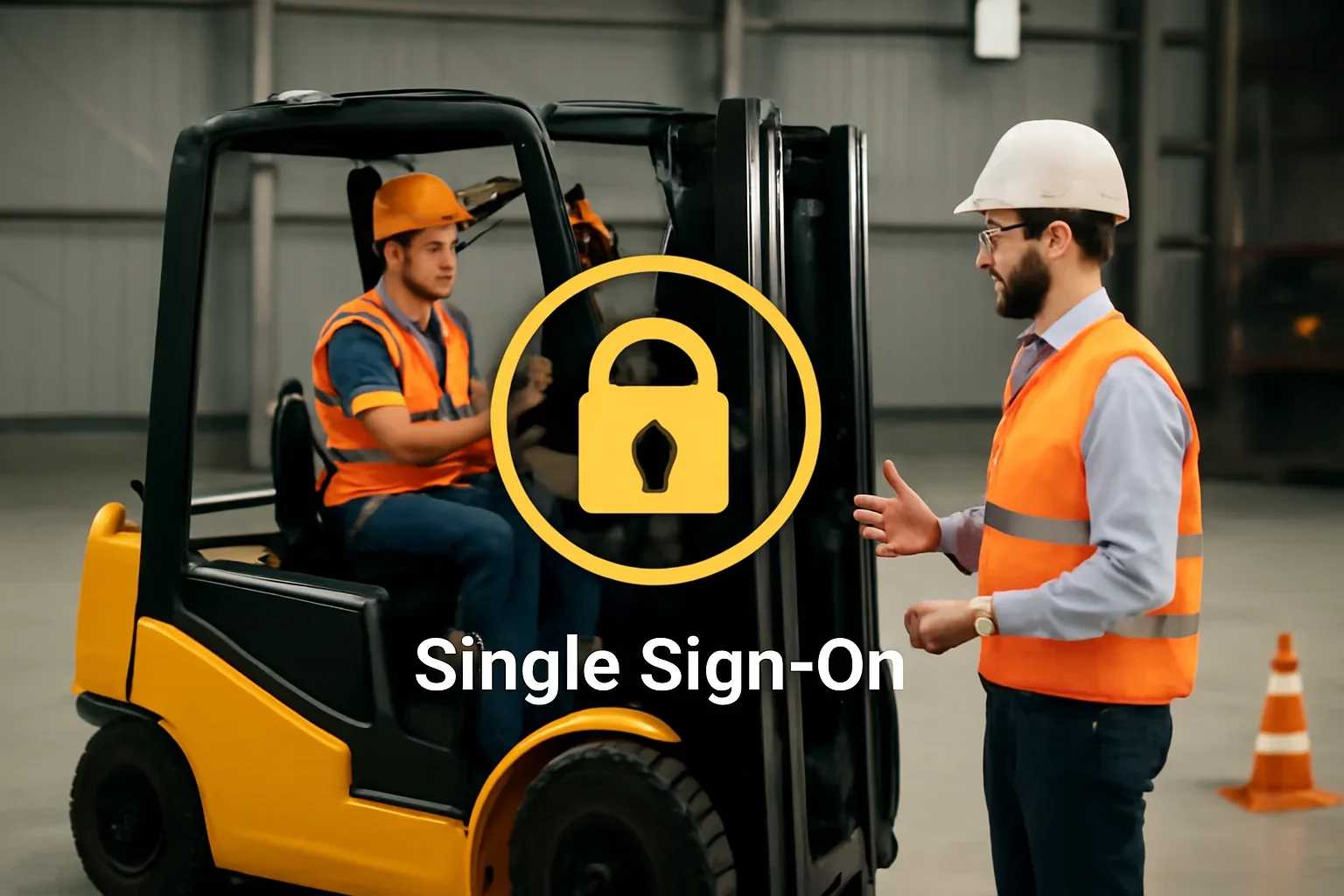 Single Sign-On shown through a realistic forklift training and workplace safety scene.