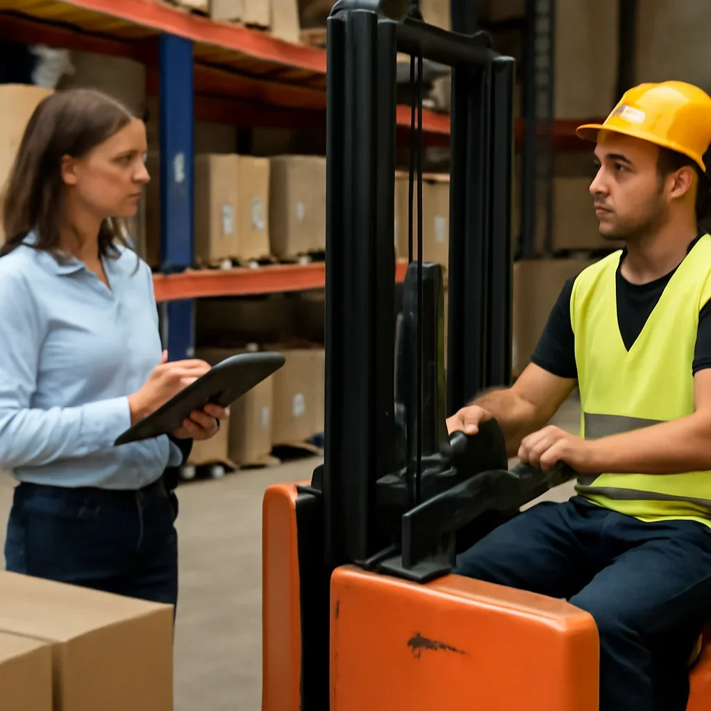 Supporting visual for order picker training with equipment, records, or supervisor review.