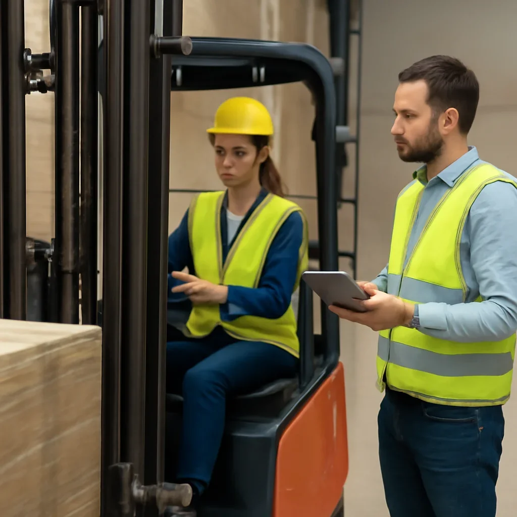Supporting visual for reach truck training with equipment, records, or supervisor review.