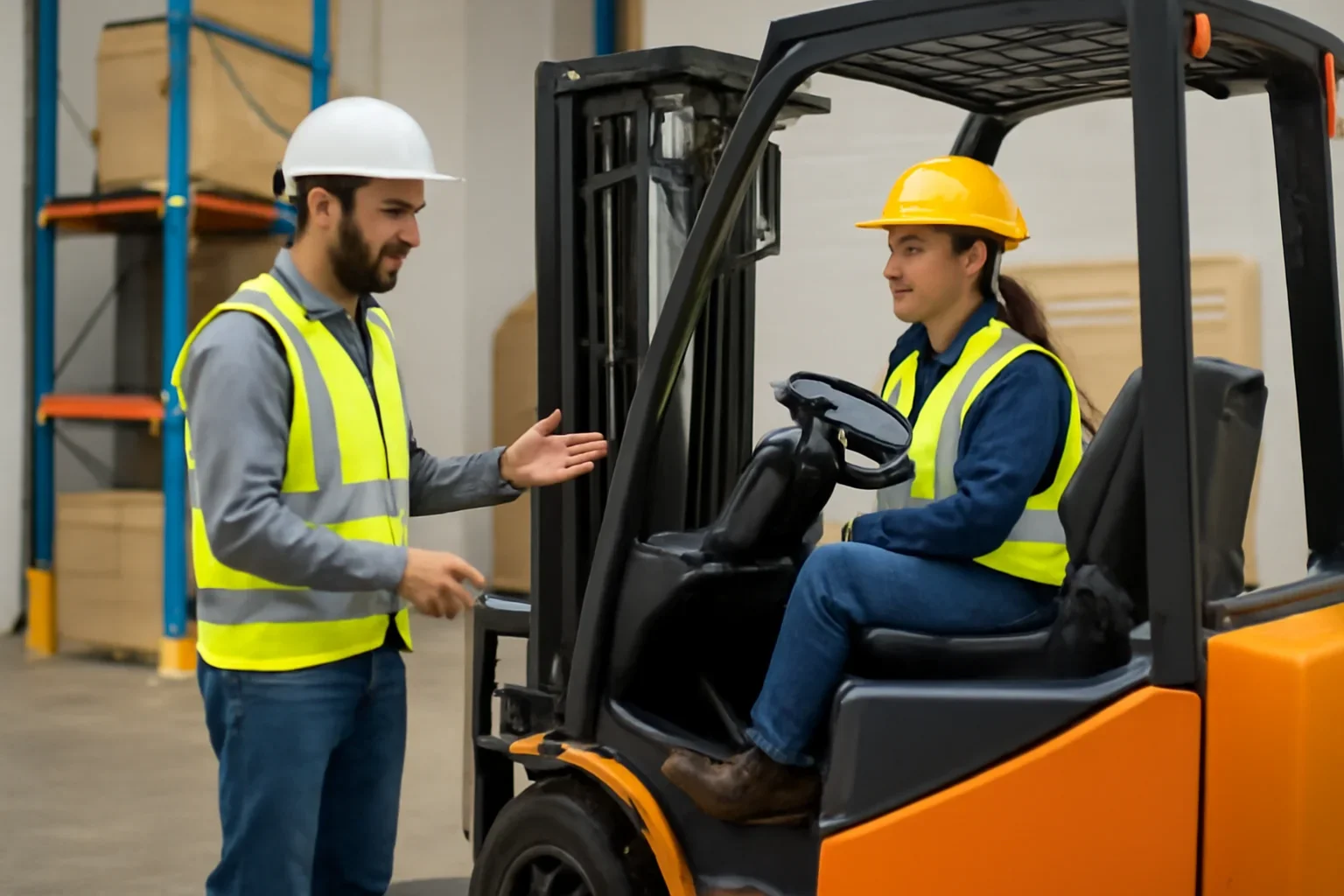 For Employers shown through a realistic forklift training and workplace safety scene.