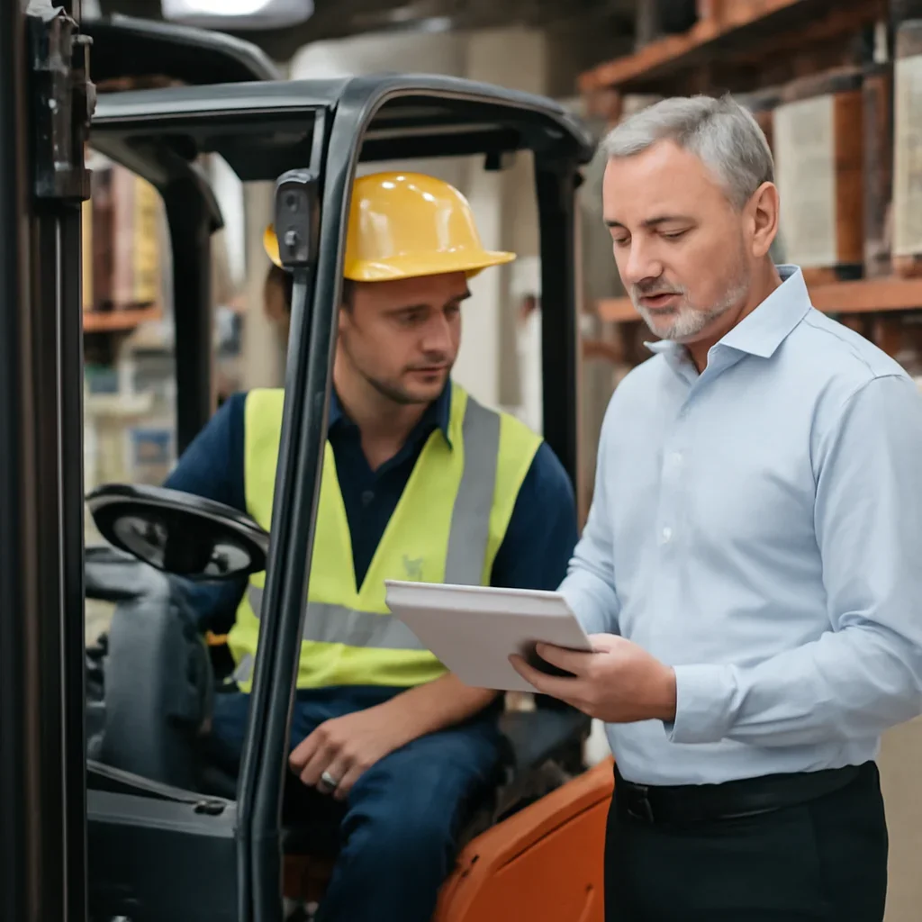 Supporting visual for for warehouse managers with equipment, records, or supervisor review.