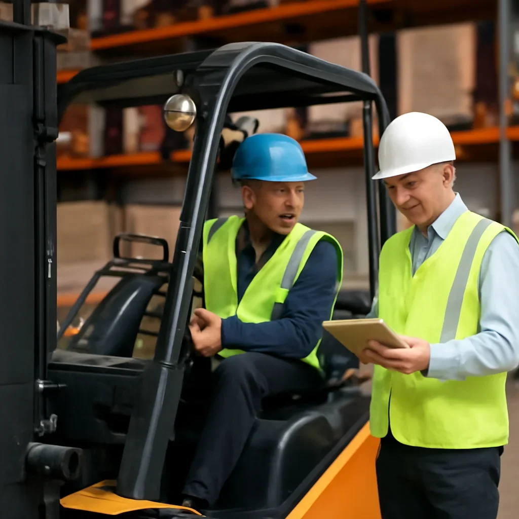Supporting visual for spanish forklift training with equipment, records, or supervisor review.