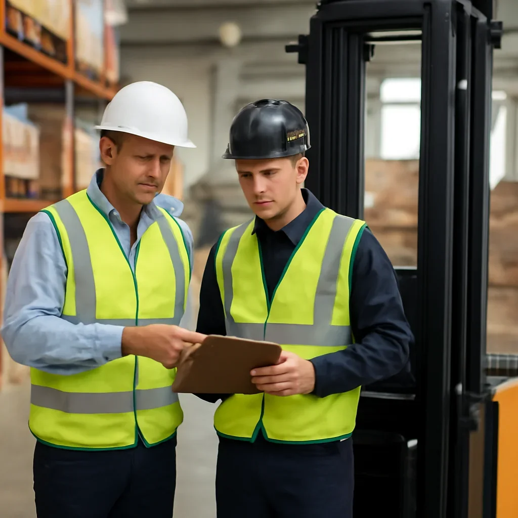 Next-step planning scene related to stand-up forklift training for employers and operators.