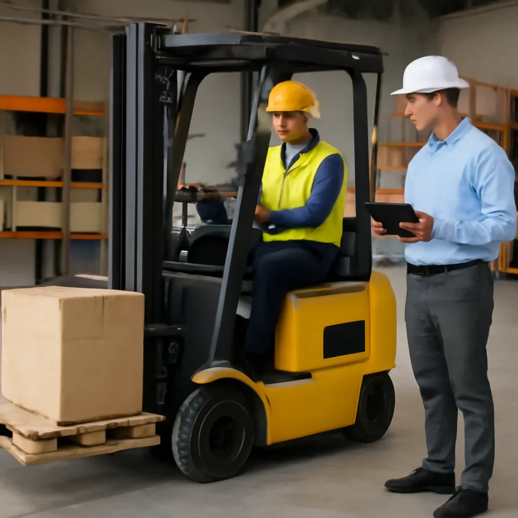 Supporting visual for stand-up forklift training with equipment, records, or supervisor review.