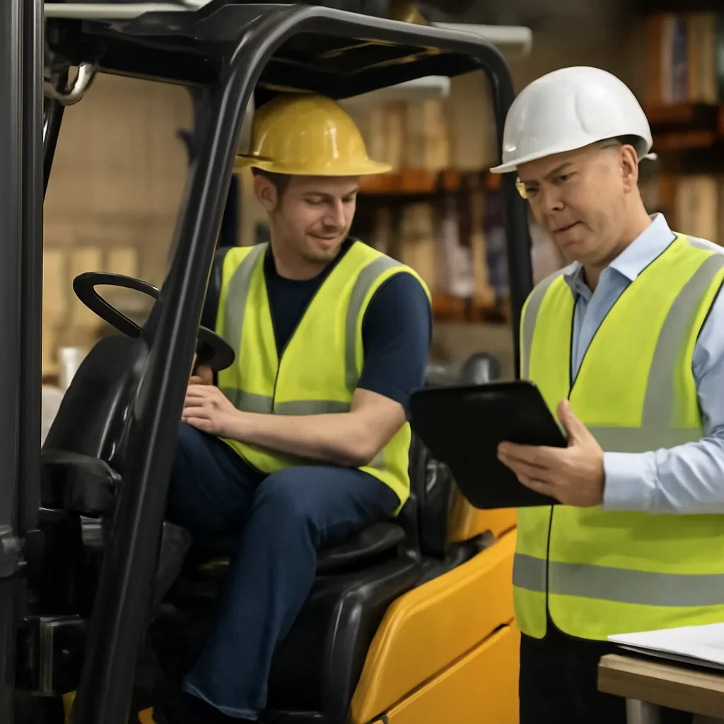 Supporting visual for california forklift training with equipment, records, or supervisor review.