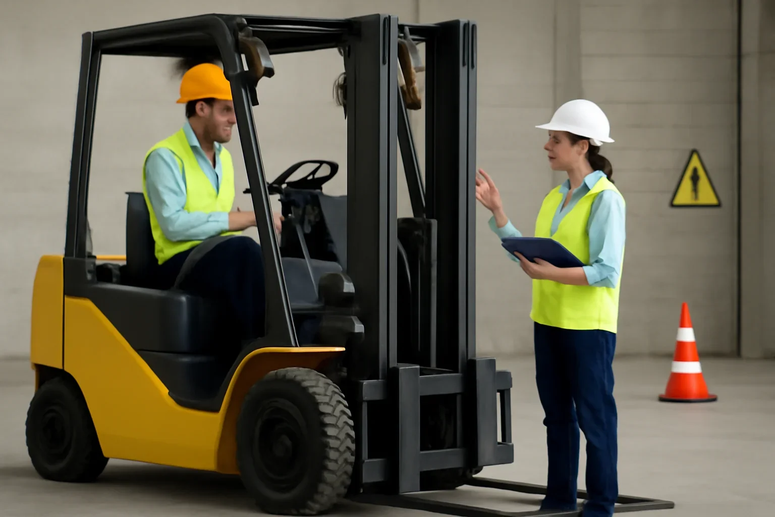 State Regulations shown through a realistic forklift training and workplace safety scene.