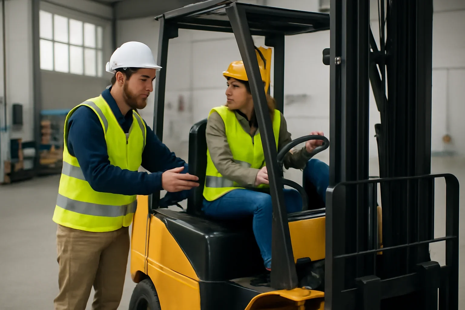 Support shown through a realistic forklift training and workplace safety scene.