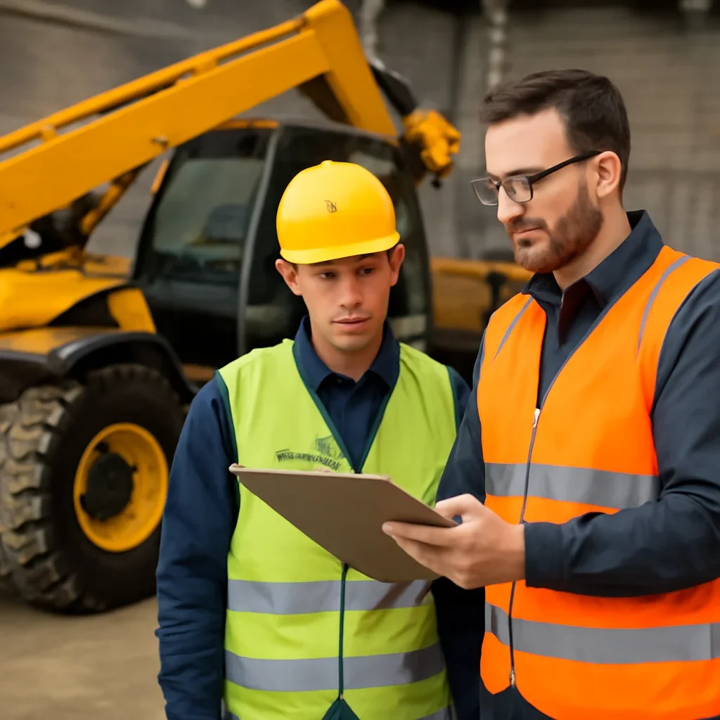 Supporting visual for telehandler training with equipment, records, or supervisor review.